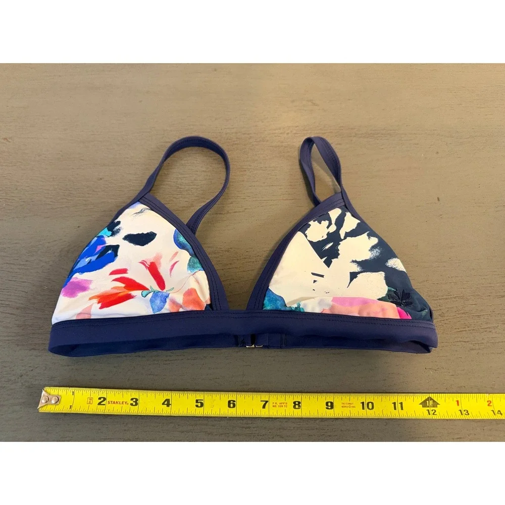 Hapari Floral Triangle Bikini Top Navy Blue Multi Color Abstract Swim Size S